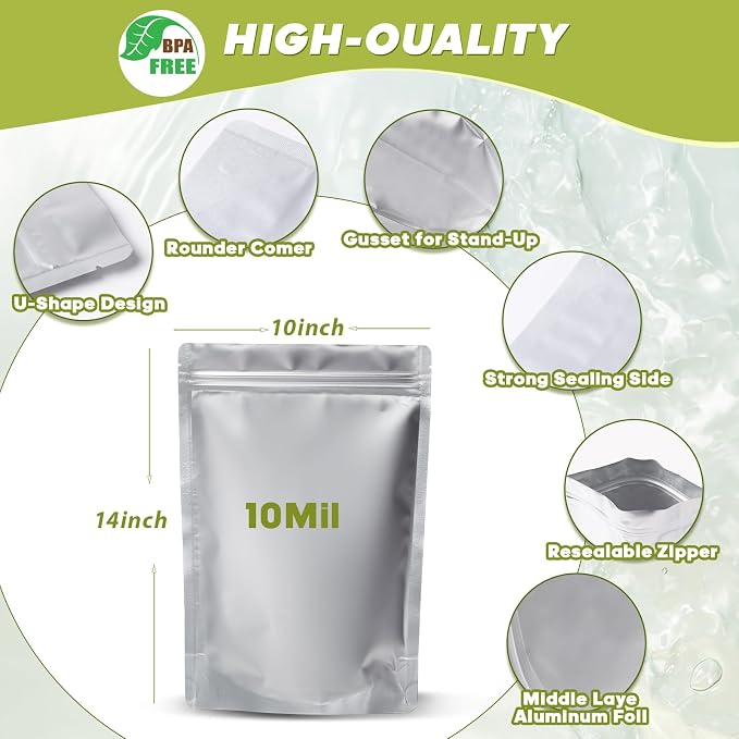 30pcs 1 Gallon Mylar Bags for Food Storage with Oxygen Absorbers and Labels | 10x14 Inch Zipper Pouches Resealable Extra Thick 10 Mil for Long Term Food Container Sets,Heat Sealable