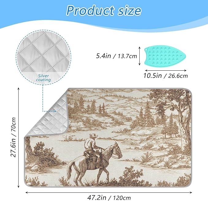 Cowboy Riding Horse Mountain Brown Ironing Mat Portable Ironing Pad Blanket with Silicone Iron Rest for Table Top Travel Heat Resistant Double-Side Using Large 47x28 Inch Foldable