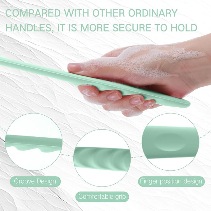 Sunnyray 2 Pack Silicone Back Scrubber for Shower with 15" Long Handle Double-Sided Bath Body Brush for Exfoliating Easy to Clean Quick Dry Deep Cleaning Lathers Well(Nordic Green)