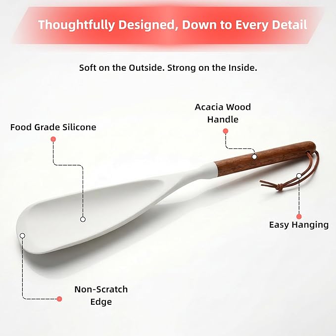 Silicone Spatula Cooking Spoon 2 Pcs with Wood Handle Great for Cooking and Serving Sturdy BPA-Free Matte Silicone Suitable for Mixing and Scrape (White)