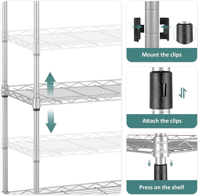 Homdox 6-Tier Storage Shelf Wire Shelving Unit Free Standing Rack Organization with Caster Wheels, Stainless Side Hooks, Silver Gray | Rack Organization