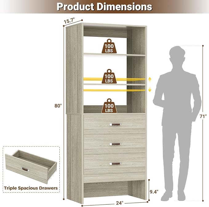 Armocity Freestanding 2FT Closet System with Leather Handles, 24" Walk-in Closets Storage Unit with Cabinet, Wood Wardrobe Closet Organizer and Storage with 3 Drawers for Small Space, White Oak