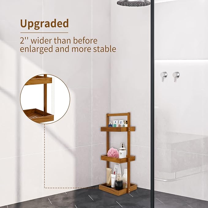 Utoplike Teak Shower Caddy Shelf, Freestanding Racks for Bathroom Corner | Standing Shower Organizer, Wooden Storage for Inside Shower, Bath, Office, Stand Up 3 Tier Kitchen Desktop Organization