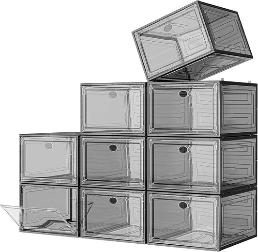 7 code Large Clear Shoe Boxes Organizer【Thicker Material】 Stronger Shoe Box with Magnetic Door, Stackable Shoe Storage Box for Closet, Foldable Space-Saving Storage Bins Shoe Cabinet, Black 9-Pack | Foldable Shoe Storage Boxes for Sneakers & Boots, Spa...