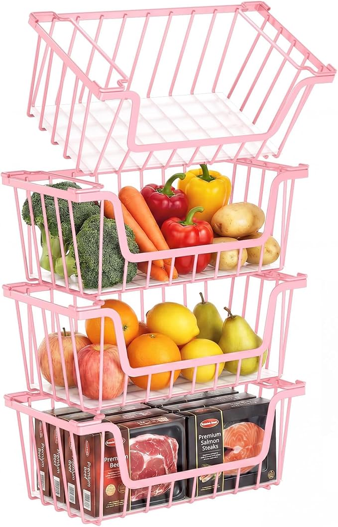 SUNALLY Stackable Storage Bins 4 Pcs Wire Baskets for Pantry Organizers and Storage, Vegetable Fruit Storage Basket for Countertop Organizer,Kitchen Baskets for Onion Potato Snack Cans Storage,Pink