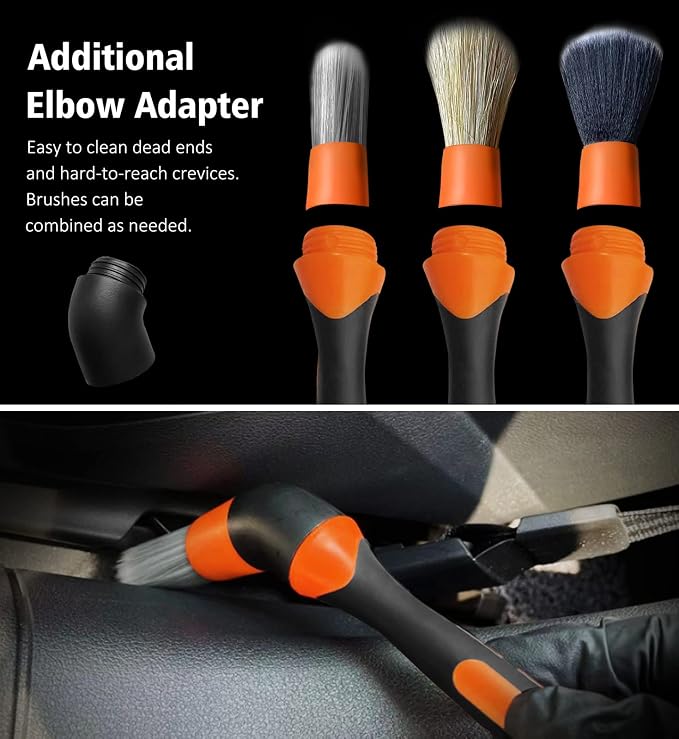 YeewayVeh 3pcs Car Detailing Brush Set, Boars Hair Detailing Brushes, Ultra Soft Detail Brush for Air Vent Leather Seat, Scratch Free Car Detailing Brushes for Interior Exterior, Orange