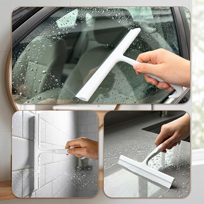 Shower Squeegee for Glass Doors, 10 Inch Silicone Shower Squeegee with Built-in Hook, Squeegee for Shower Glass, Bathroom Shower Door Squeegee for Tile Wall, Mirror, Window, Car Glass (White)
