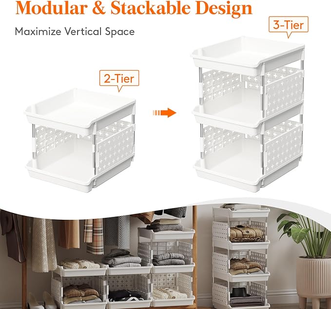 Lifewit Plastic Stackable Storage Baskets, 3 Tier Stacking Bins for Food and Clothes, Multifunctional Organizer for RV, Kitchen, Playroom, Pantry, White, 35 x 30 x 50 cm/14 x 12 x 20 inch, 1 Pack