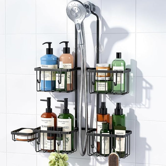 Luxspire Shower Caddy Hanging over Shower Head, Rustproof Adjustable Shower Rack No Drill, Thickened Stainless Steel Shower Organizer and Storage for Inside Shower with Hook Soap Holder, Black