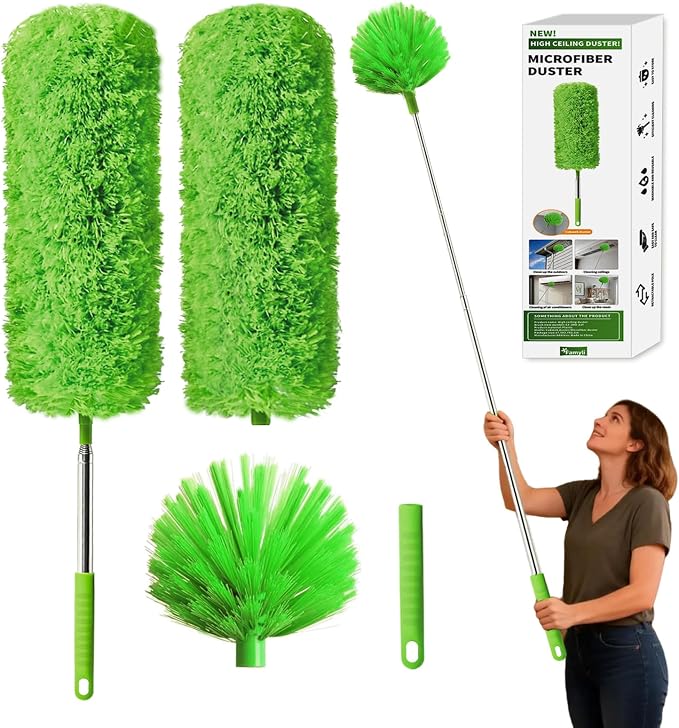 Cobweb Duster with Extension Pole, Washable Cleaning Duster Kit with 3 Duster Heads, Cobweb Duster, Corner Brush, Aluminum Telescoping Pole for high Ceiling Fan，Spider Web Brush with Extension Pole