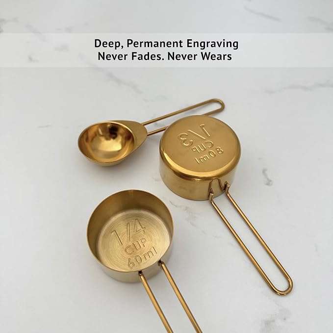 Gold Measuring Cups and Spoons Set, Stainless Steel Measuring Cups, 8 Piece Gold Kitchen Measuring Set, Engraved Measurements, Durable Nesting Design