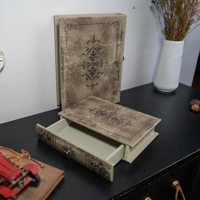 Vintage Book-Shaped Storage Box with Drawer, Distressed Vintage Brown Faux Leather Finish and Gothic Medallion Motif, Decorative Hidden Organizer for Home or Office 9.5″ x 6.7″ x 2″