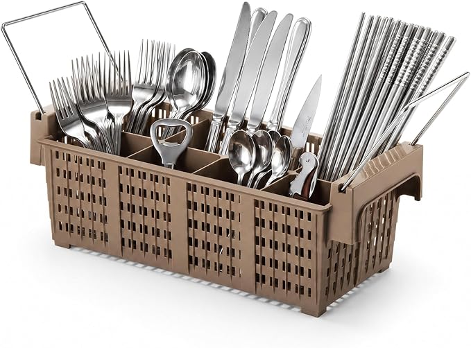 Maxdot 16inch Dishwasher Silverware Cutlery Basket 8 Compartments Washing Basket with Handle Utensil Holder Silverware Drying Rack for Kitchen Commercial (Coffee,Portable)