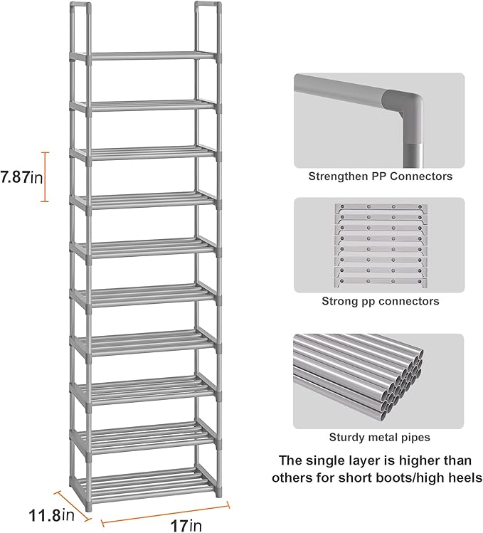 OYREL 10-Tier Metal Shoe Rack, Narrow Shoe Rack Organizer, Sturdy Shoe Shelf for Closets, Entryway, Bedroom, Garage - Silver | Closets, Entryway, Bedroom, Garage, Space Saving Tall Shoe Shelf, Free Standing Boot Storage Racks, Silver