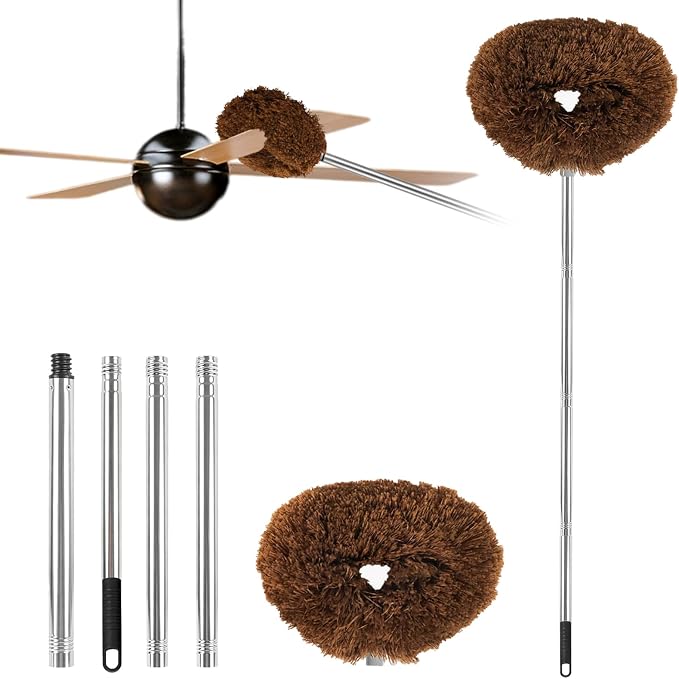 Ceiling Fan Cleaner Duster Reusable Microfiber Ceiling Fan Blade Cleaner Removable Duster with Extension Pole Adjusts 13 to 49.7 Inch for Cleaning Walls Bookshelves Furniture Door Window Top (Brown)