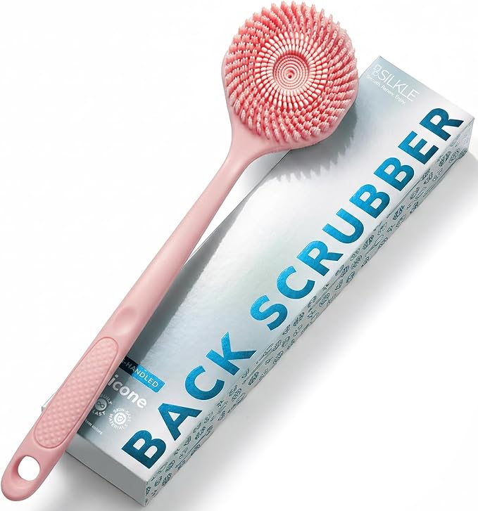 SILKLE Silicone Back Scrubber with Long Handle - Body Brush for Shower, Bath, and Exfoliating - Skin Cleansing, Back Scrub, and Gentle Silicone Sponge - Wash Your Body with Easy Reach - Pink