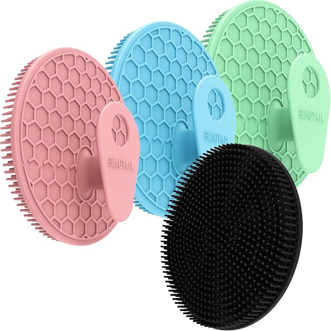 Silicone Body Scrubber 4 Pack, BEAUTAIL Gentle Exfoliating Shower Scrubber | Hygienic Silicone Loofah, Easy-Grip Handle, Soft Bath Brush for Sensitive Skin, Women, Men & Kids (Black+Blue+Pink+Green)