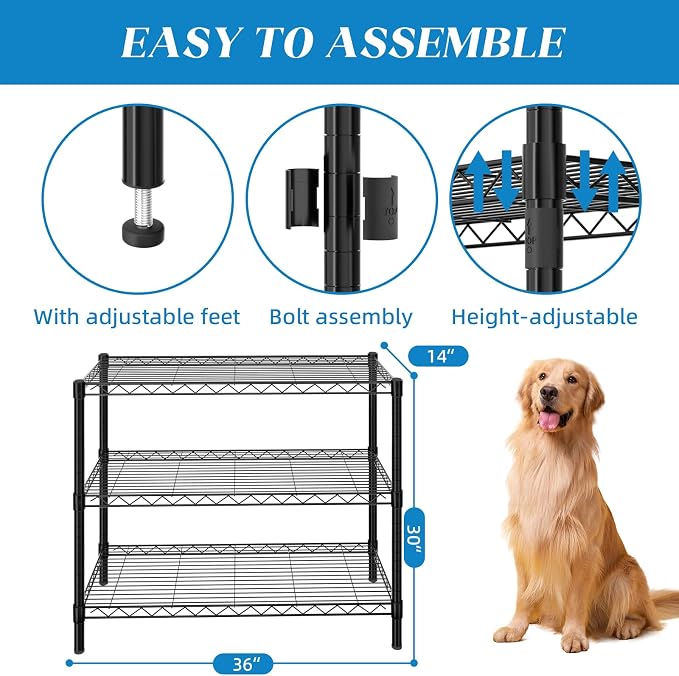 Guan River 3-Shelf Adjustable Metal Wire Shelving,Black,36"L x 14"W x 30"H | Height Adjustable,Sturdy and Durable,Storage Sehlf Display Rack for Office,Kitchen,Bedroom,Bathroom,Garage
