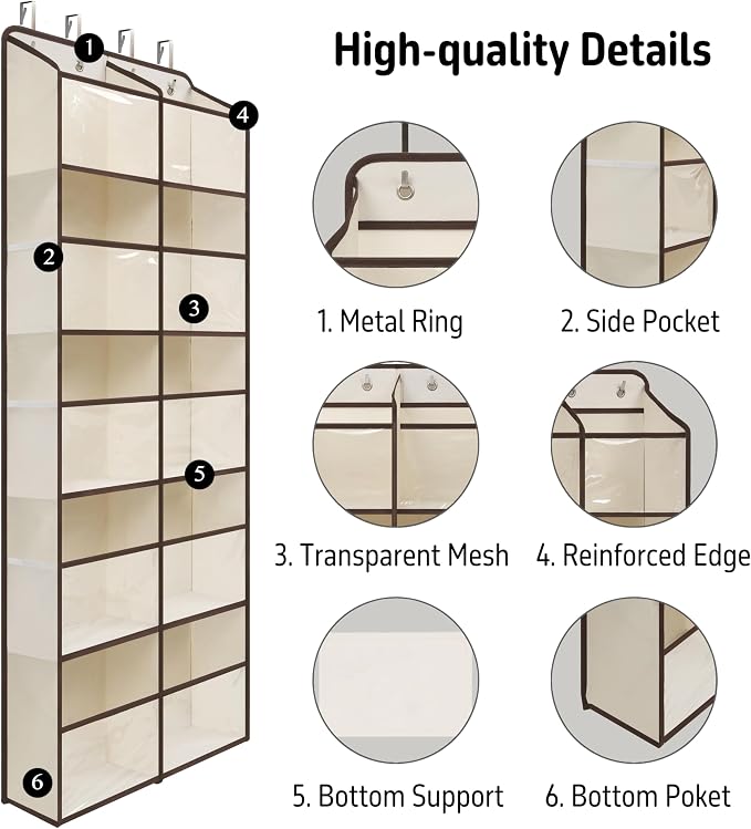 Giraffe Creation White Over Door Organizer with 10 Large Clear Pockets, Double-Row Hanging Door Storage for Closet, Bathroom, Nursery, Bedroom, Dorm, Toys, Toiletries, Baby Essentials