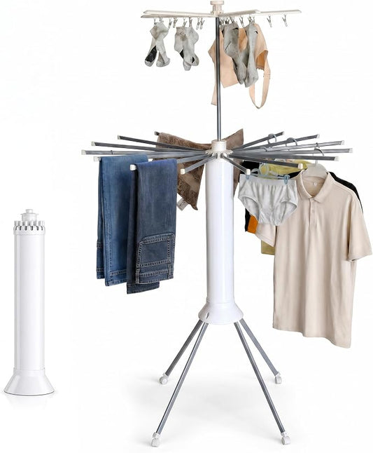 Clothes Drying Rack Foldable with Rolling Wheels, Portable Laundry Drying Rack with 16 Aluminum Arms, Stable 4-Leg Base, 360° Rotating Design for Indoor Outdoor (Double-tier without shoe rack)