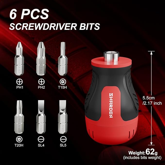 8 in 1 Multi-bit Stubby Screwdriver, Small Short Screw Driver Tool | 6 CRV Bits Phillips, Slotted, Torx, Magnetic Tip Portable All in One Repair Tool Kit for Home DIY Tables, Doors, Chairs