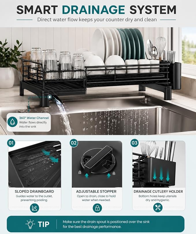 Premium Expandable Dish Drying Rack with Drainboard – 2-in-1 Large Capacity Countertop & Over-Sink Dish Rack, Rust-Resistant Metal