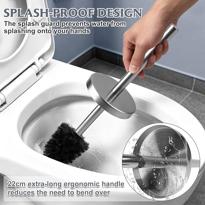 Toilet Brush and Holder Set,Stainless Steel Toilet Bowl Brush and Holder for Bathroom,Hidden Toilet Bowl Brush with 2 Heads,Heavy Duty Cleaner Brush with Removable Inner Bowl and Splash Protection