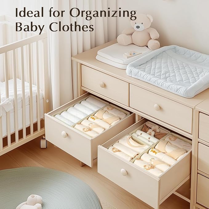 DIMJ Drawer Organizers Clothes, Set of 14 Dresser Organizer Bins, Fabric Closet Organizers and Storage, Shallow Drawer Dividers for Nursery, Clothing, Baby Clothes, Socks, Underwears, Tie (Beige)