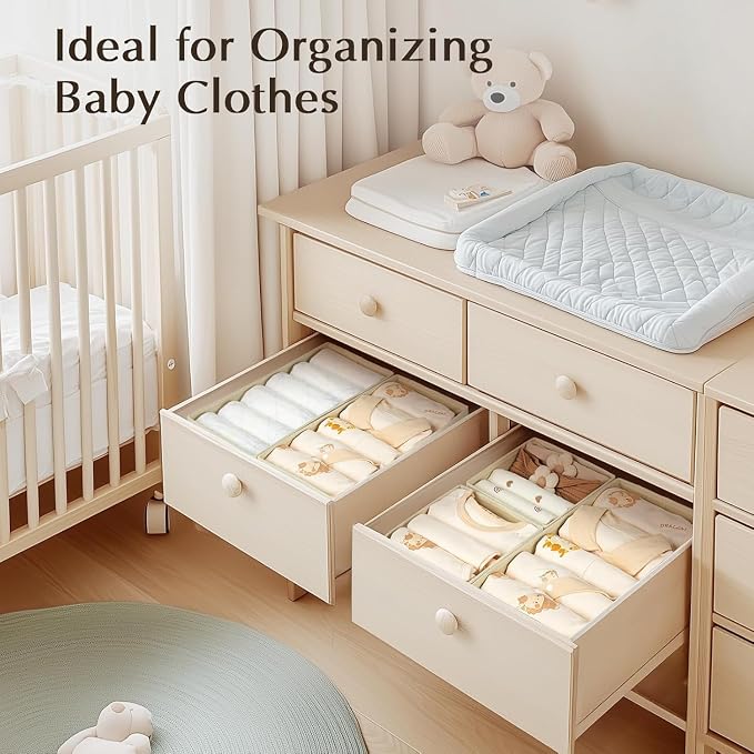 DIMJ Drawer Organiser System Drawer Organiser - Fabric Storage Box, Drawer Inserts for Wardrobes, Wardrobe Organiser for Clothes, Pack of 8, Beige Classic