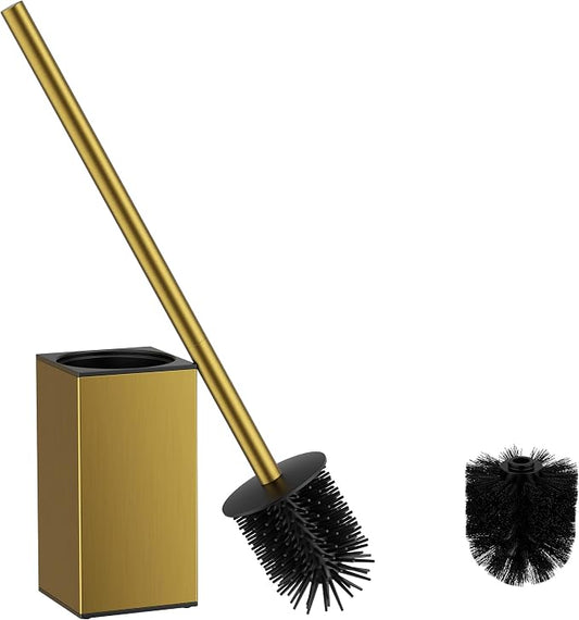 FORIOUS Short Toilet Brush and Holder Set, Heavy Duty 304 Stainless Steel Base Square and Long Handle for Bathroom Deep Cleaning, Drip-Proof, Space Saving for Storage, 2 Toilet Bowl Brush Head, Gold