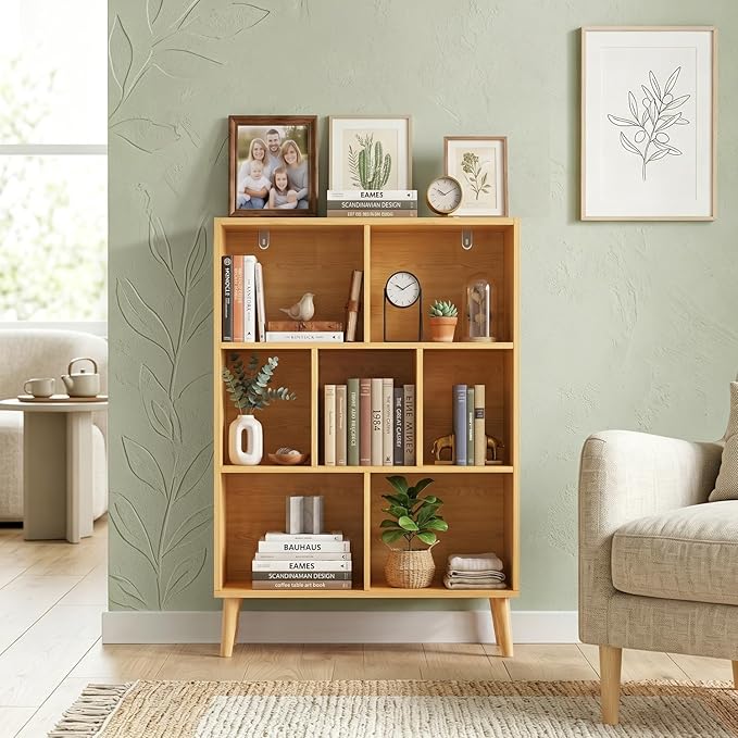 7 Cube Storage Organizer Shelf，Open Cube Bookshelf with Legs | 3 Tier, Mid-Century, Heavy Duty, Modern Bookcase, Display Shelf, Living Room, Bedroom, Office, Deep Natural