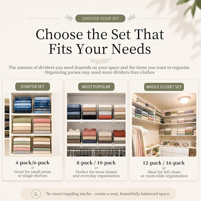SortNStore Shelf Dividers Purse Organizer for Closet: 11-inch Tall(Extra Tall) Acrylic Sweater Organizer - Upgraded Extra Height for Large Handbags, Totes, Clothes, Towels on Wood Shelves 8-Pack