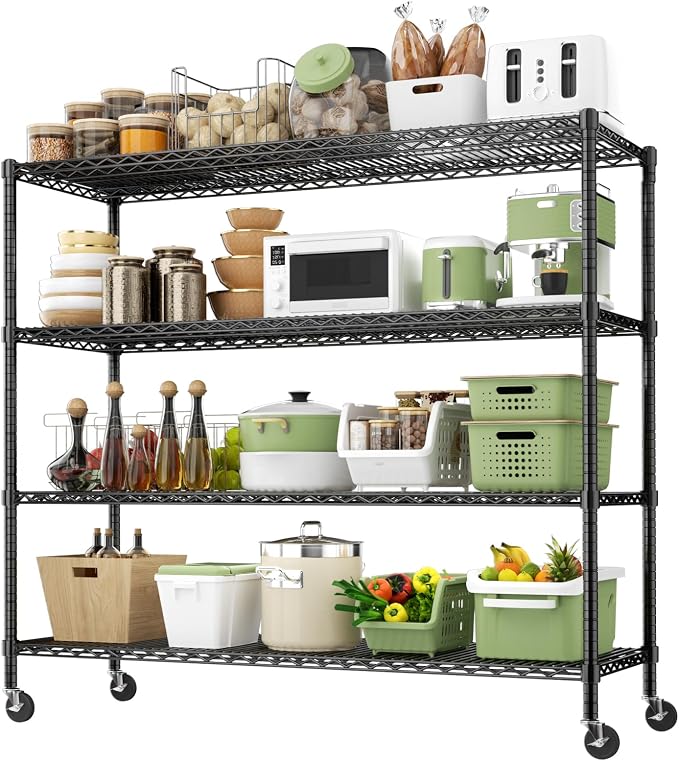 ROOMTEC 4-Tier Rolling Garage Shelving, 60"L*24"W*72"H, Max Loads 3200LBS | Wire Shelves with Wheels, Storage Rack Heavy Duty, Adjustable Metal Industrial Shelf for Kitchen,Pantry,Warehouse,Basement