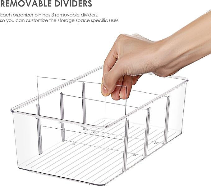 Vtopmart 8 Pack Food Storage Organizer Bins, Clear Plastic Bins for Pantry, Kitchen, Fridge, Cabinet Organization and Storage, 4 Compartment Holder for Packets, Snacks, Pouches, Spice Packets