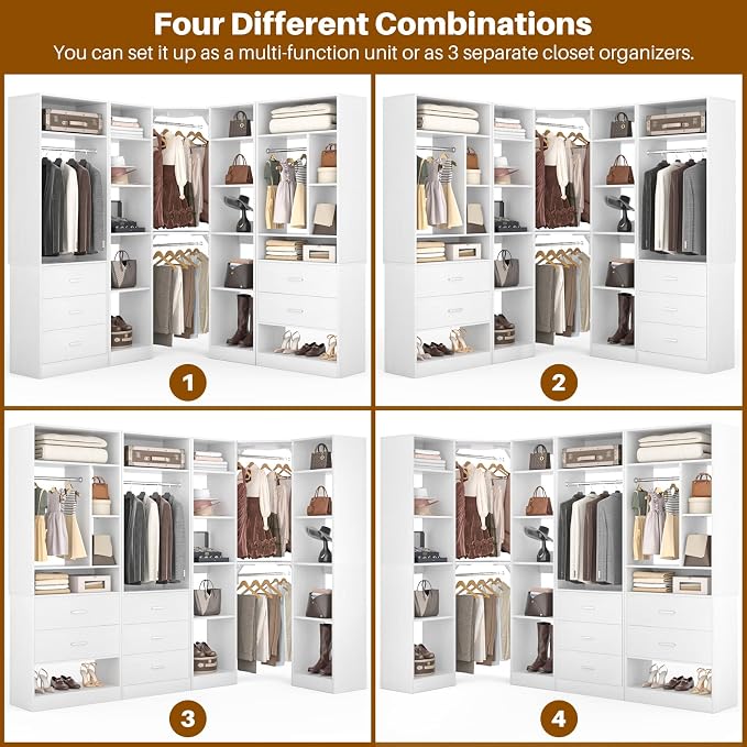 Besiost Corner Closet System with 5 Drawers, Closet Organizer System with 15+Shelvess & 4 Hanging Rods, 63.2"L * 63.2"W / 87.2"L * 39.2"W Reversible L Shaped Walk-in Closets, Load 2500+LBS, White