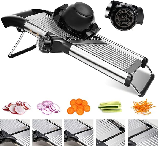 Adjustable Mandoline Slicer 5-in-1 Stainless Steel Vegetable Cutter with Ultra Sharp Blades, Julienne Slicer & Shredder for Potato, Onion