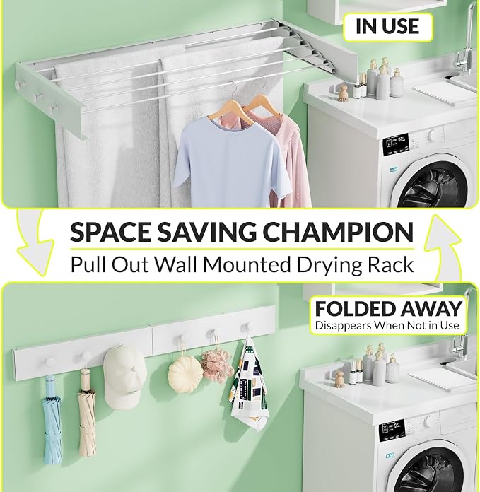 Collapsible Laundry Drying Rack Wall Mounted - 31.5 Inch Metal Clothing Drying Rack with 6 Hooks, Retractable Foldable Dry Racks for Laundry Drying Indoor, Heavy Duty Towel & Coat Hanger