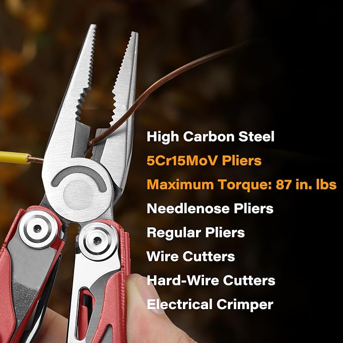 Multitool, 21-in-1 Multi Tool Pliers with Safety Locking and Spring-Action Scissors, Heavy-duty Stainless Steel Multi-tool Set with Nylon Sheath for Work, Home, Garden, DIY & Auto, Brick Red