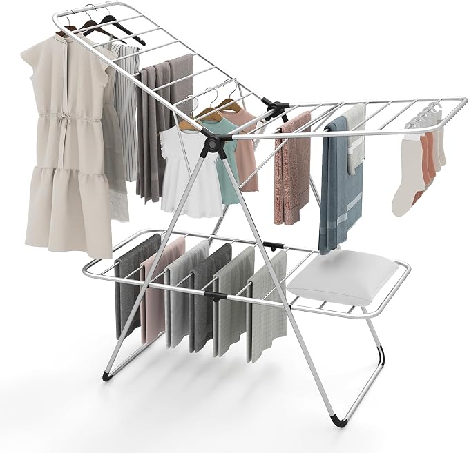 Tangkula Clothes Drying Rack Foldable, 2-Level Heavy-Duty Aluminum Laundry Drying Rack Collapsible with Height-Adjustable Wings, Space-Saving Freestanding Airer Clothing Dryer Stand for Indoor Outdoor