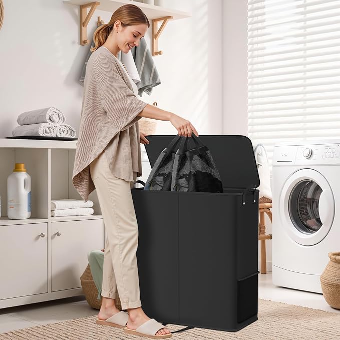 136L 2 Section Laundry Hamper with Lid, Laundry Basket, Black | Large Laundry Hampers with Reinforced Handles & Removable Bags, Tall Dirty Clothes Hamper for Laundry Room, Bedroom, Bathroom