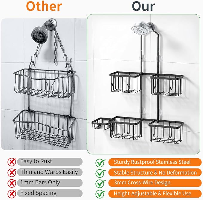 Luxspire Shower Caddy Hanging over Shower Head, Rustproof Adjustable Shower Rack No Drill, Thickened Stainless Steel Shower Organizer and Storage for Inside Shower with Hook Soap Holder, Black
