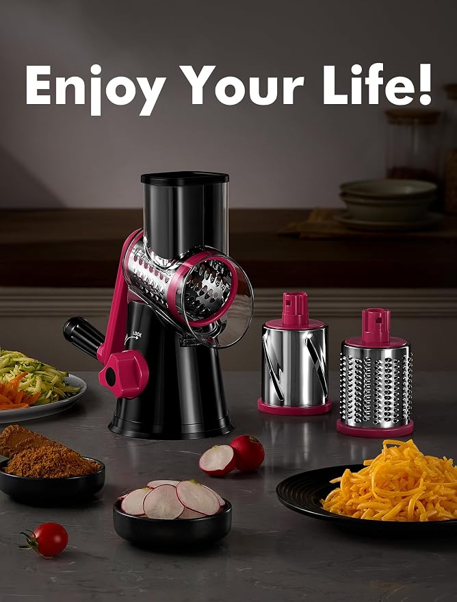 Cheese Grater Rotary, Rotary Grater for Kitchen, Kitchen Vegetable Slicer with 3 Drum Blades, Fast Cutting Cheese Shredder for Vegetables and Nuts (Black+Rosy, 3 BLADES)