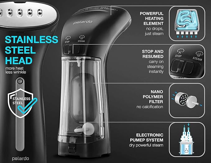 Polardo Travel Garment Steamer - Compact Portable Handheld Clothes Steamer with 360° Anti-Spill Technology, Professional Wrinkle Remover for Travel & Home, Black