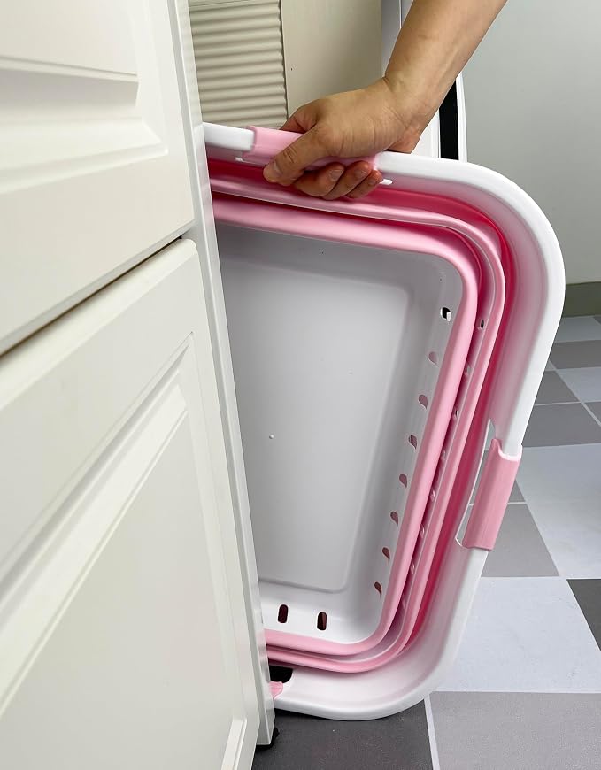 SAMMART 42 (11 Gallons) Collapsible Plastic Laundry Basket, Foldable Pop Up Storage Container/Organizer, Space Saving Hamper, Portable Bin for Dorm Room Bathroom (2, White/Cherry Pink)