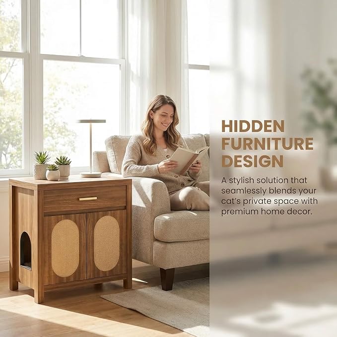 Cat Litter Box Enclosure, Hidden Litter Box Dog Proof with Sisal Scratching Board Doors and Drawer, Wooden Hidden Cat Litter Box Enclosure Furniture with Storage Drawer
