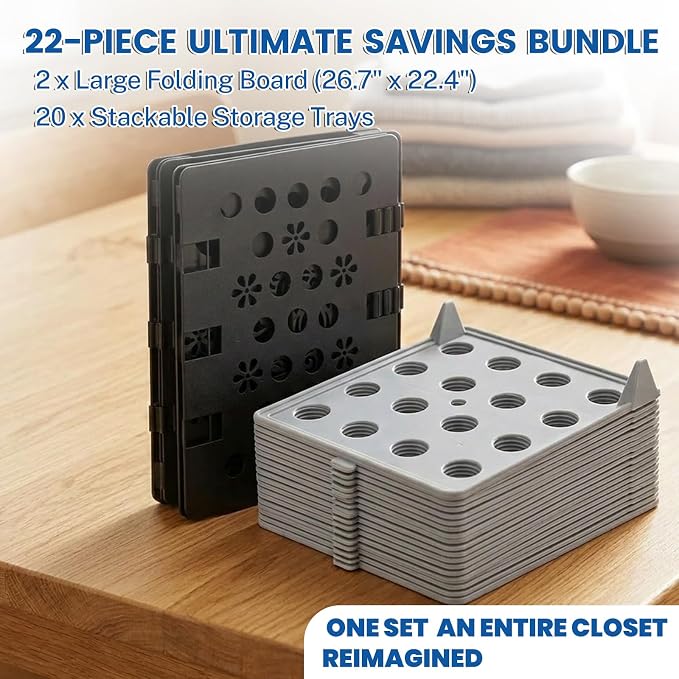 21 Pcs Clothes Organization Set - 1 Large Shirt Folding Board 27" X 23" & 20 Pack Stackable T-Shirt Organizer Trays, Durable Plastic Laundry Folder and Closet Storage System for Shirts, Pants, Towels