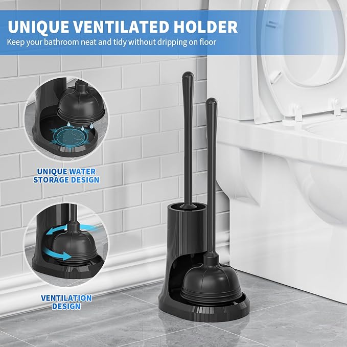 Toilet Plunger and Brush,2 Pack Bowl Brush and Heavy Duty Toilet Plunger Set with Holder, 2-in-1 Bathroom Cleaning Combo with Modern Caddy Stand for 5.7-inch Toilet Drain Bathroom Cleaning