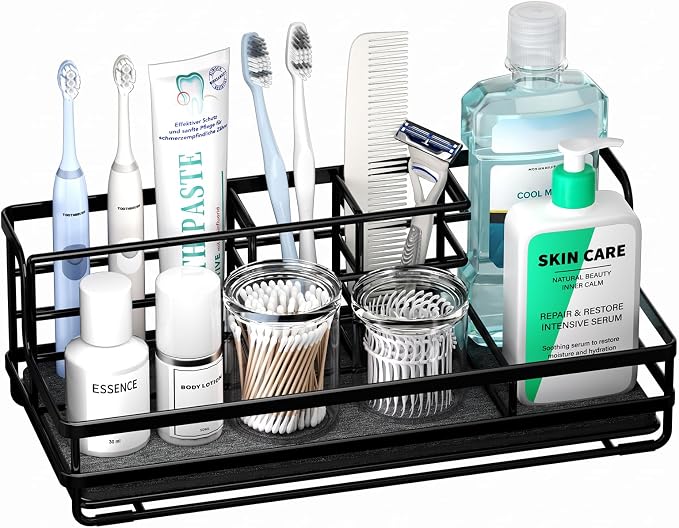 HapiRm Toothbrush Holders for Bathroom - 5 Partitions Bathroom Counter Organizer with Instant Drying Stone, Stainless Steel Countertop Storage Electric Toothbrush Toothpaste Holder - Black(Large)