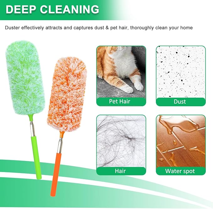 2 Pack Extendable Microfiber Feather Duster, Electrostatic Microfiber Head, Up to 30 Inch Extension Pole, Car Duster, Telescoping Feather Dusters for Cleaning