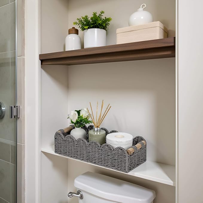 CubesLand Bathroom Basket Organizer, Toilet Tank Paper Storage Baskets 2PK | Scalloped Decorative Basket for Countertop w/Handle, Wicker Basket for Bathroom Decor, Home Decor, Living Room, Grey